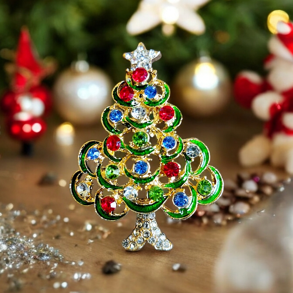 Enamel and Rhinestone Christmas Tree Brooch *Christmas In July*